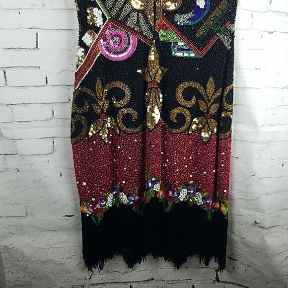 NAEEM KHAN RIAZEE VINTAGE SILK MULTI COLORED BEADED FRINGE SEQUIN PARTY DRESS - Picture 13 of 14